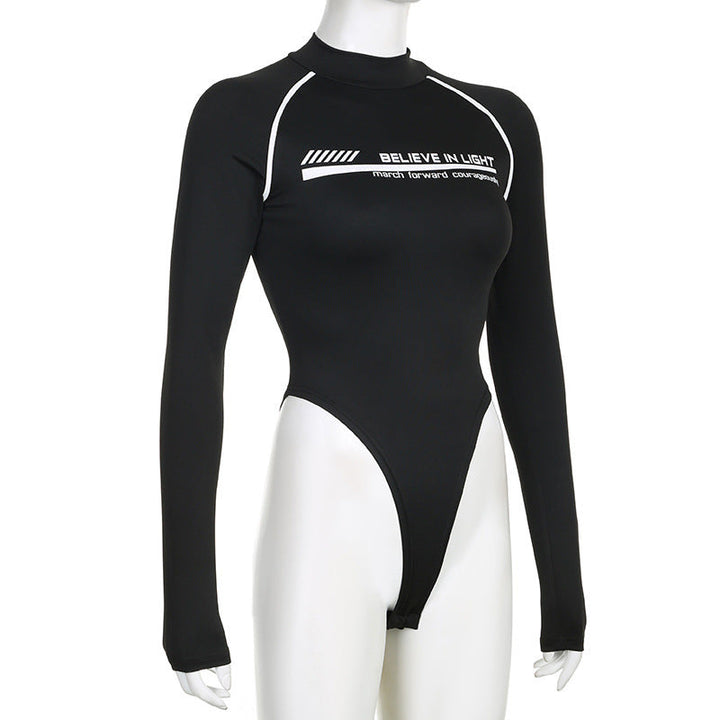 Long sleeve letter pattern high neck bodysuit  | Festival Outfits Women