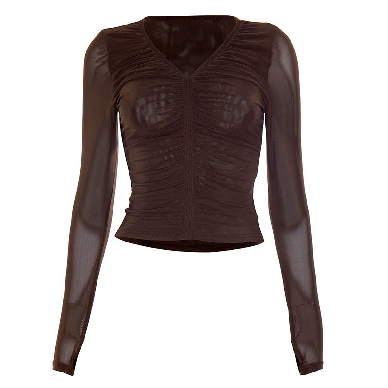 Sheer mesh long sleeve ruched v neck top  | Festival Outfits Women-final-sale