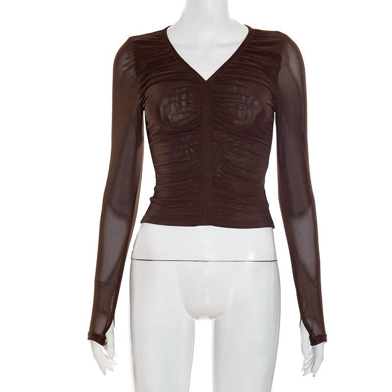 Sheer mesh long sleeve ruched v neck top  | Festival Outfits Women-final-sale