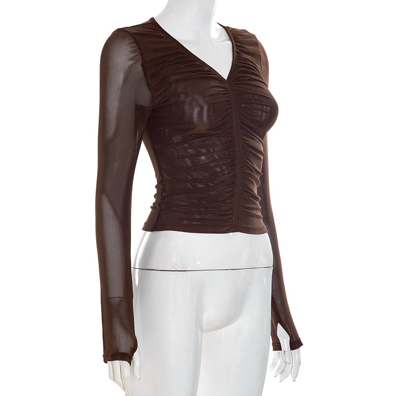 Sheer mesh long sleeve ruched v neck top  | Festival Outfits Women-final-sale