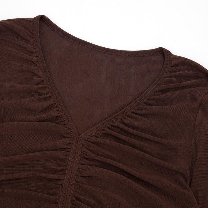 Sheer mesh long sleeve ruched v neck top  | Festival Outfits Women-final-sale