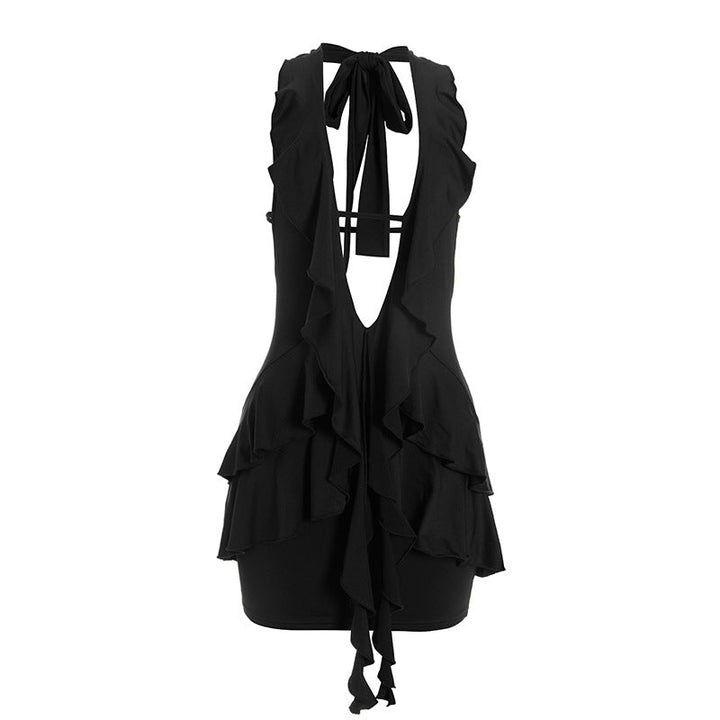 Halter self tie ruched deep v neck ruffle mini dress  | Festival Outfits Women