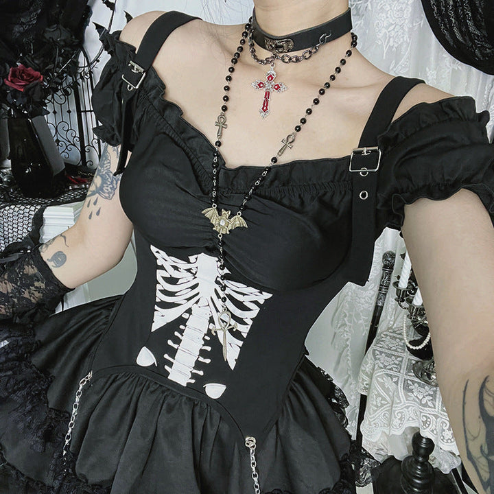 Metal chain zip-up bone pattern buckle cami top  | Festival Outfits Women-final-sale