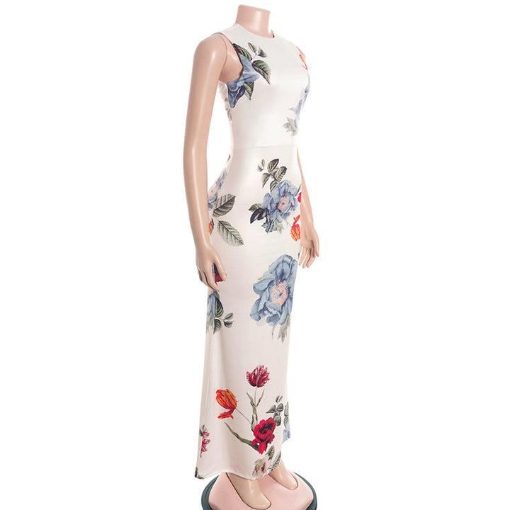 Crewneck flower print backless maxi dress  | Festival Outfits Women