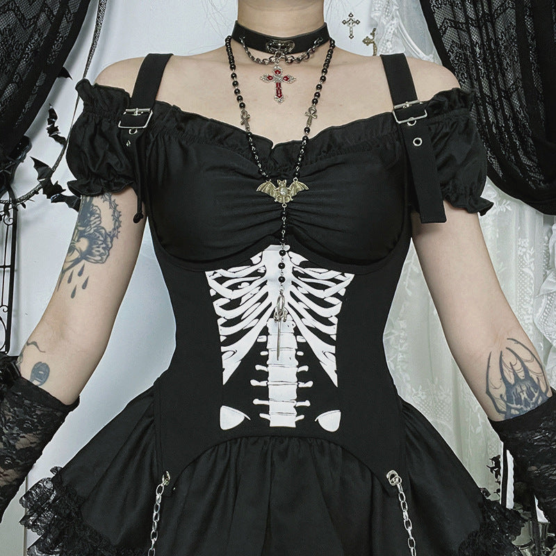 Metal chain zip-up bone pattern buckle cami top  | Festival Outfits Women-final-sale