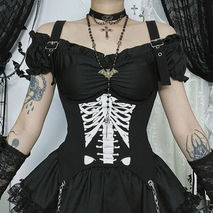 Metal chain zip-up bone pattern buckle cami top  | Festival Outfits Women-final-sale