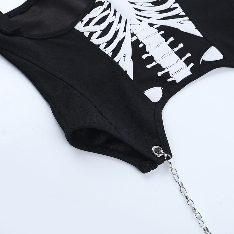 Metal chain zip-up bone pattern buckle cami top  | Festival Outfits Women-final-sale