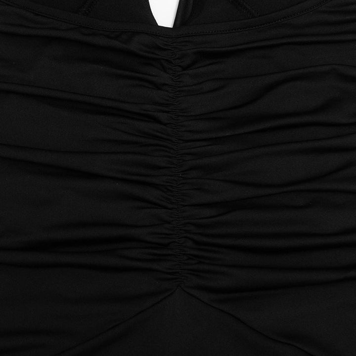 Halter self tie ruched deep v neck ruffle mini dress  | Festival Outfits Women