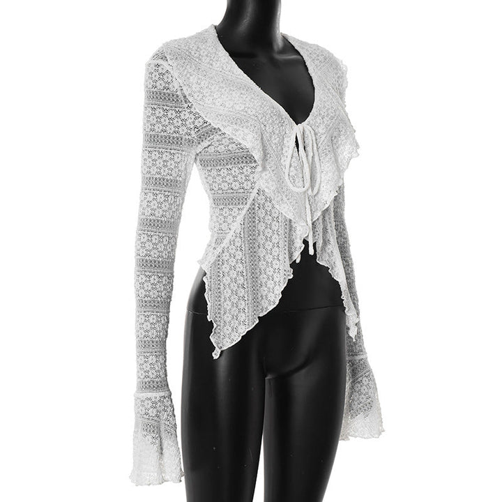 Long flared sleeve self tie v neck solid top  | Festival Outfits Women