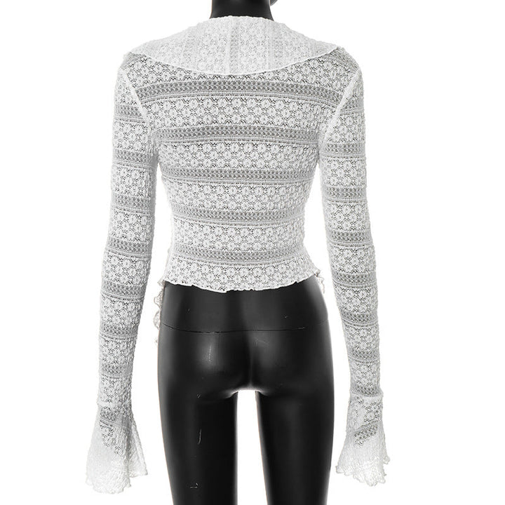 Long flared sleeve self tie v neck solid top  | Festival Outfits Women