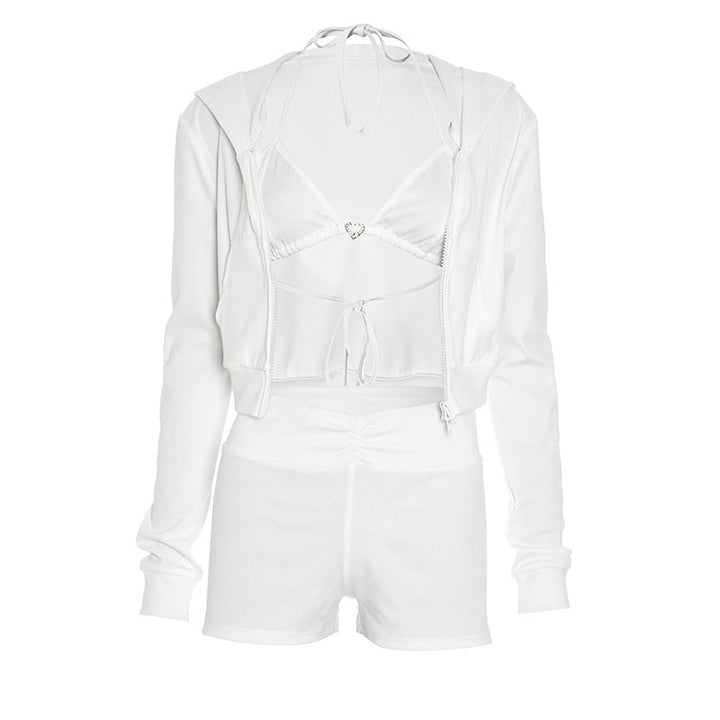 Long sleeve zip-up hoodie self tie halter pant set  | Festival Outfits Women