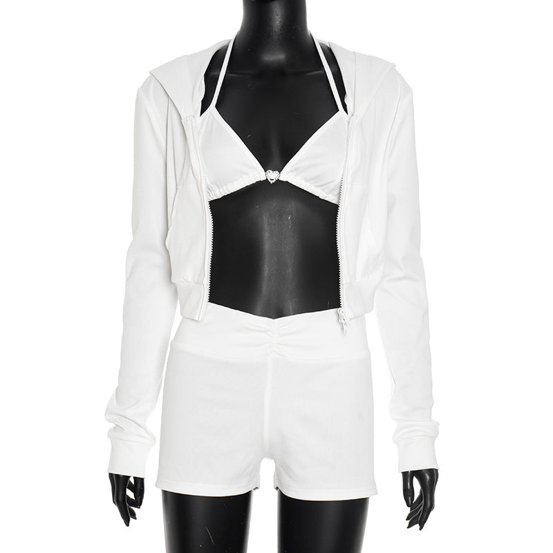 Long sleeve zip-up hoodie self tie halter pant set  | Festival Outfits Women