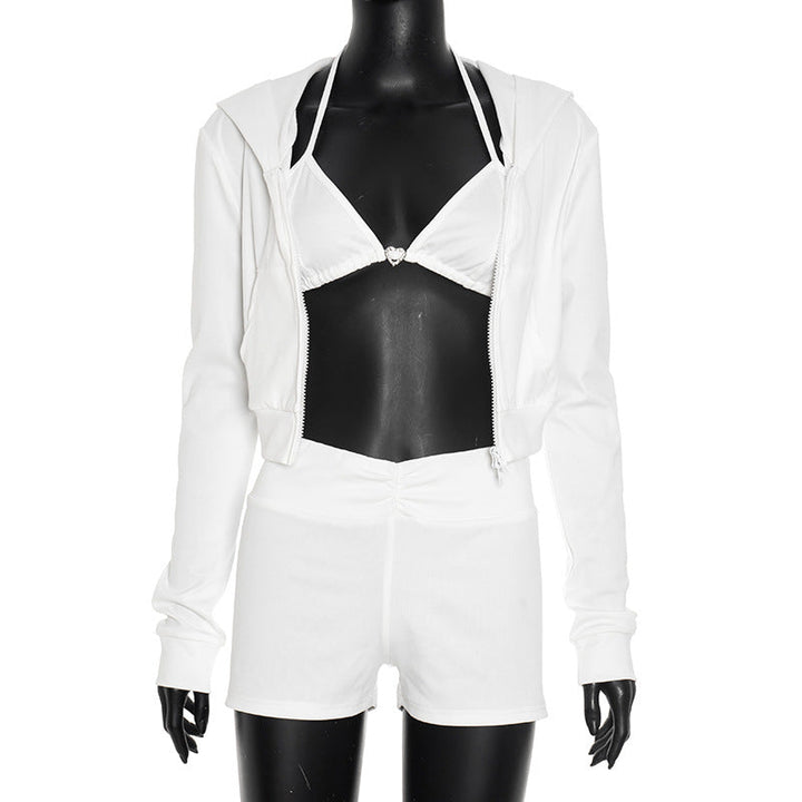 Long sleeve zip-up hoodie self tie halter pant set  | Festival Outfits Women