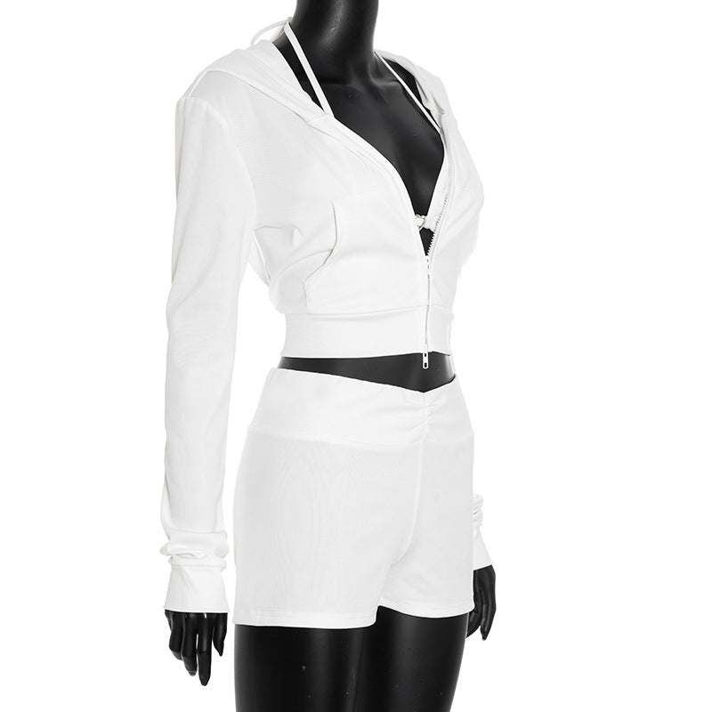 Long sleeve zip-up hoodie self tie halter pant set  | Festival Outfits Women