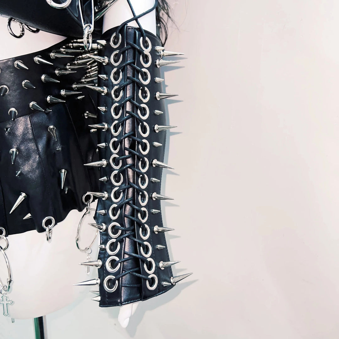 Lace up metal chain rivet applique PU leather top  | Festival Outfits Women