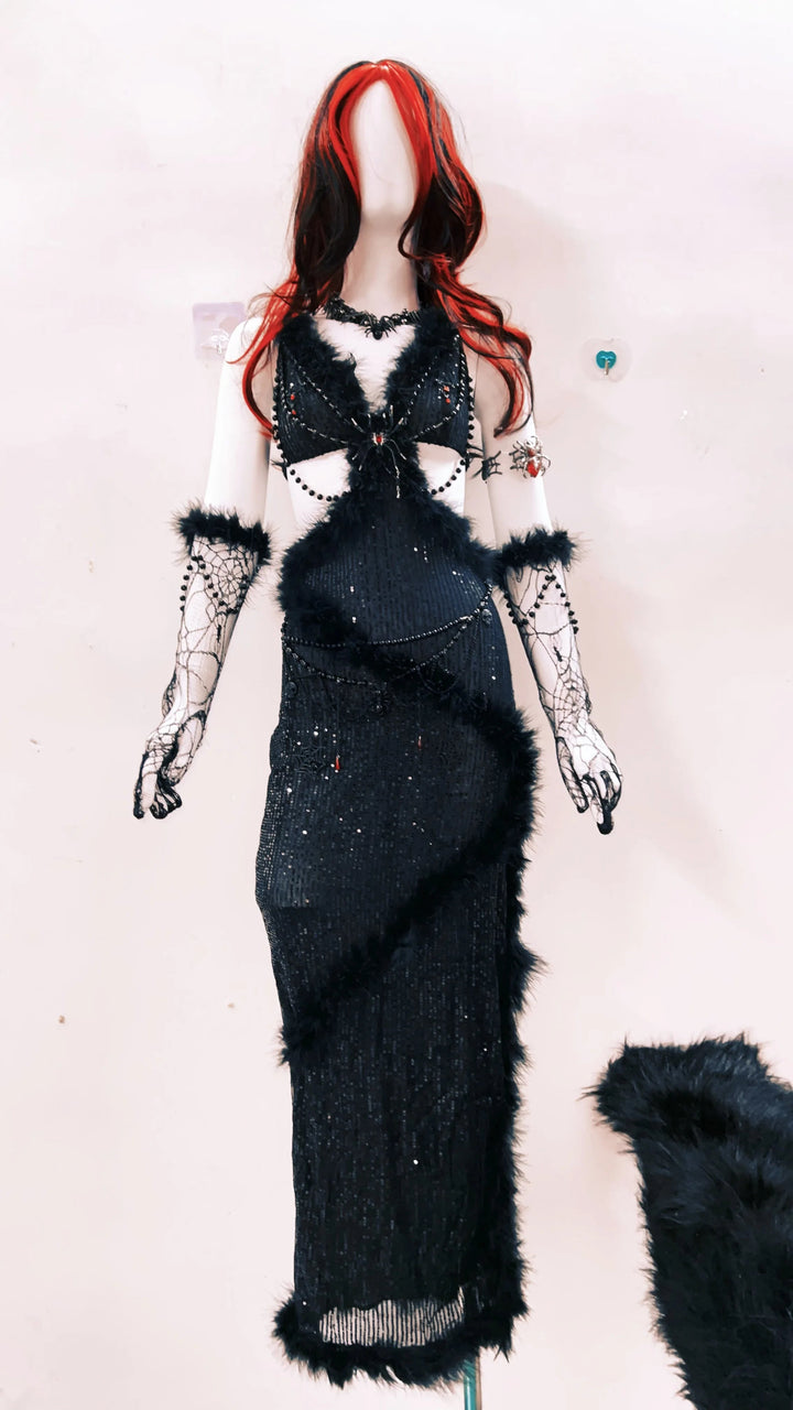 V neck fluffy spider applique hollow out cut out maxi dress  | Festival Outfits Women