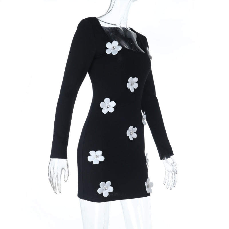 Long sleeve u neck flower applique mini dress  | Festival Outfits Women