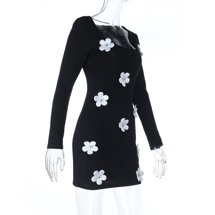 Long sleeve u neck flower applique mini dress  | Festival Outfits Women