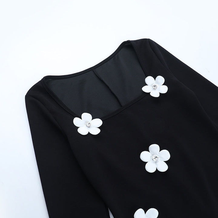 Long sleeve u neck flower applique mini dress  | Festival Outfits Women
