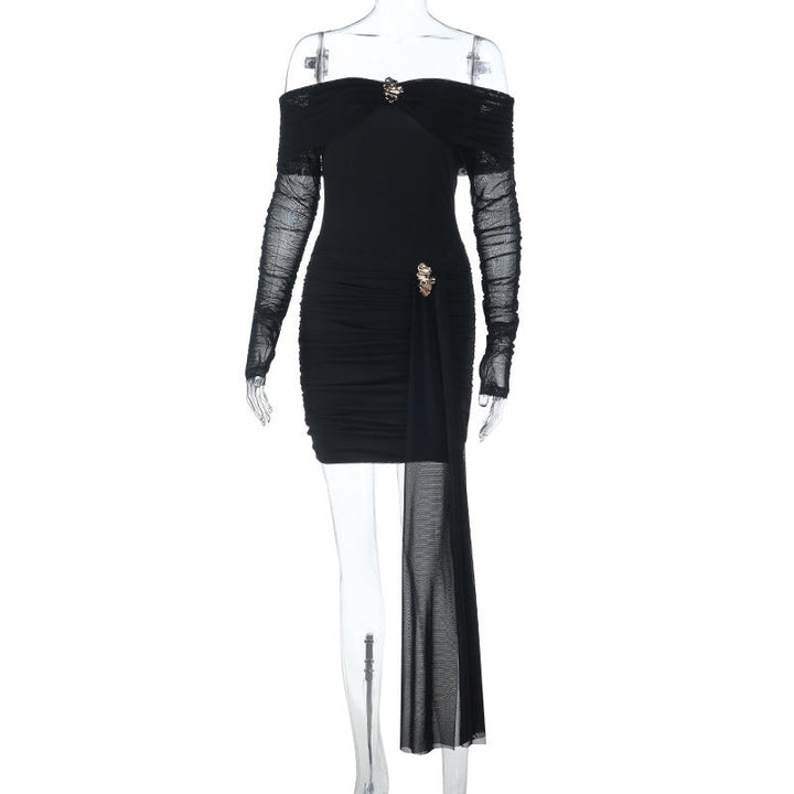 Off shoulder long sleeve mesh ruched mini dress  | Festival Outfits Women