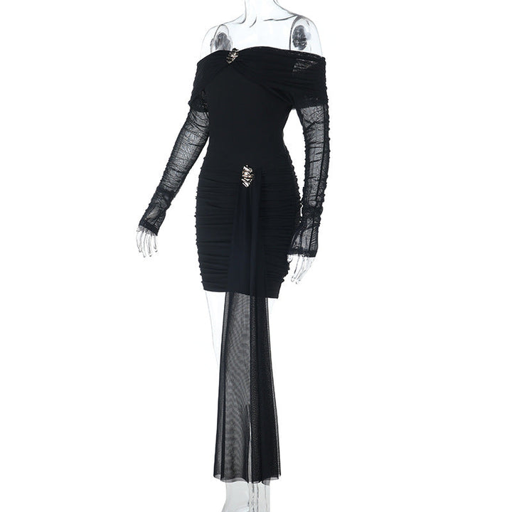 Off shoulder long sleeve mesh ruched mini dress  | Festival Outfits Women