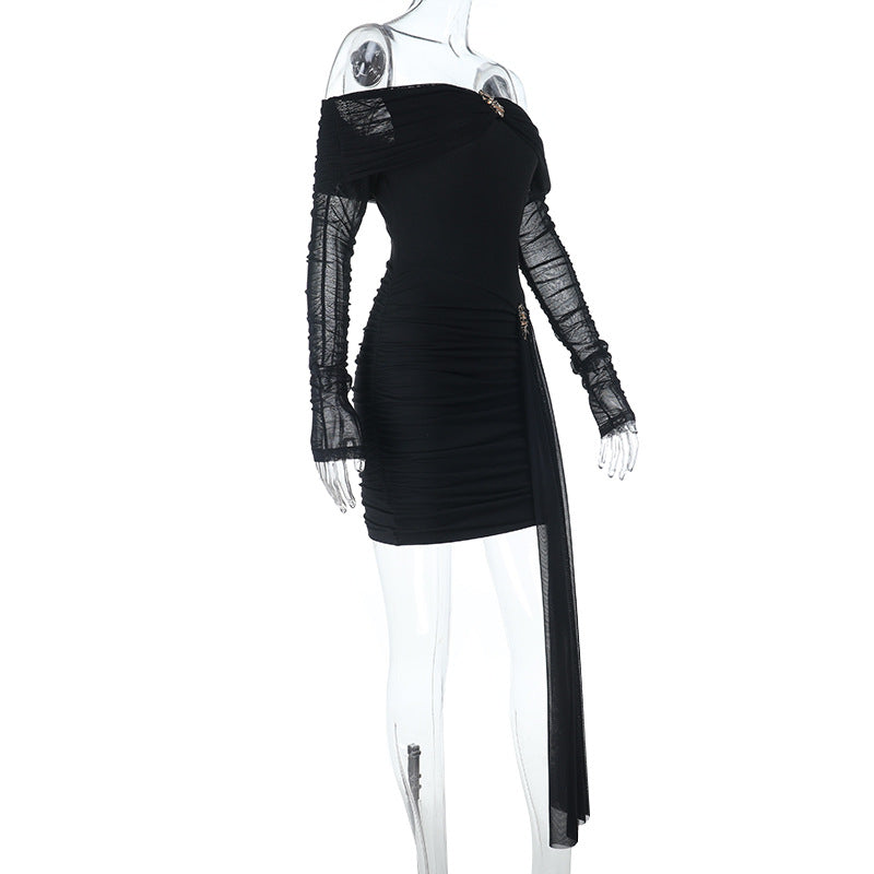 Off shoulder long sleeve mesh ruched mini dress  | Festival Outfits Women