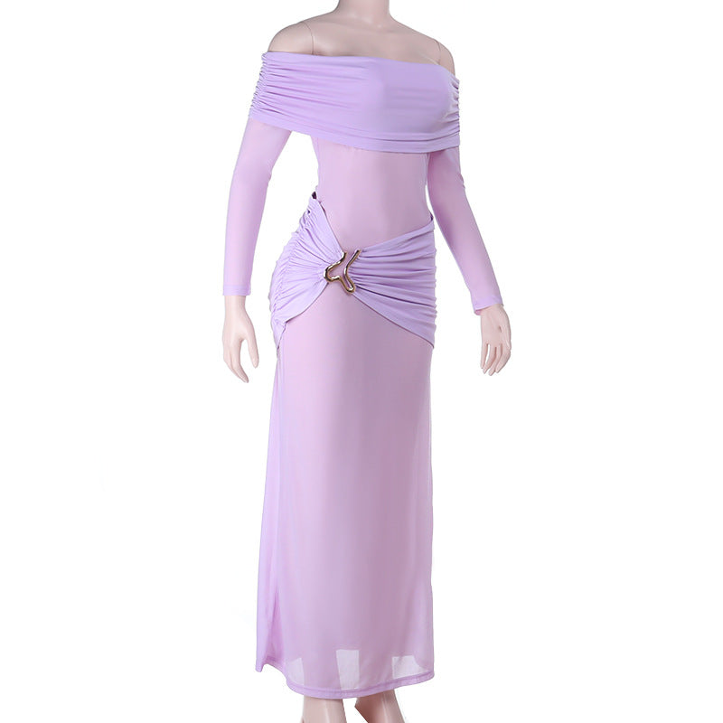 Off shoulder long sleeve ruched maxi dress  | Festival Outfits Women