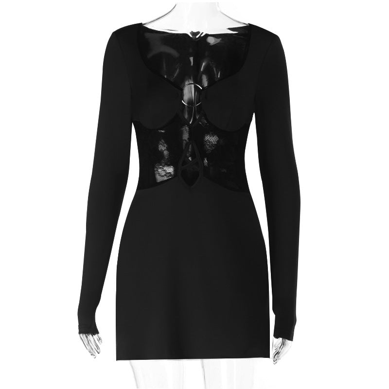 Hollow out o ring long sleeve lace cut out mini dress  | Festival Outfits Women-final-sale