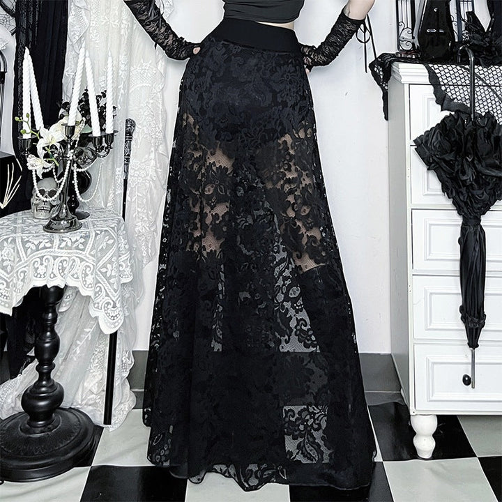 Lace slit buckle zip-up solid maxi skirt  | Festival Outfits Women