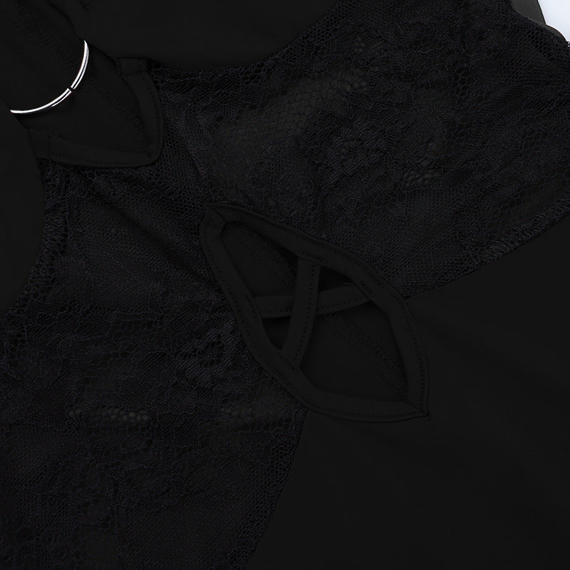 Hollow out o ring long sleeve lace cut out mini dress  | Festival Outfits Women-final-sale