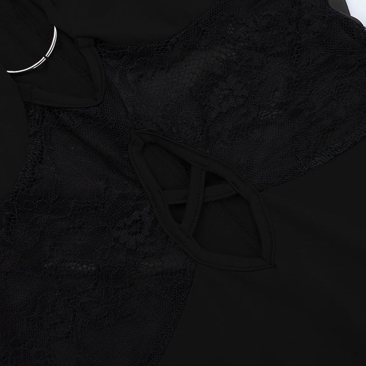Hollow out o ring long sleeve lace cut out mini dress  | Festival Outfits Women-final-sale