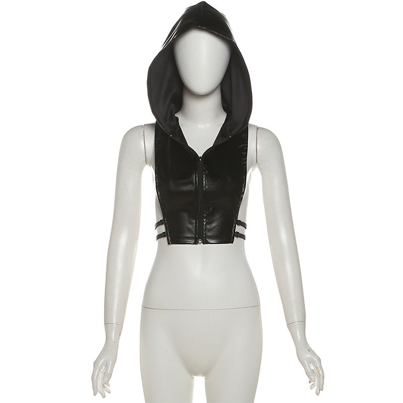 Hoodie zip-up PU leather hollow out cut out top  | Festival Outfits Women-final-sale