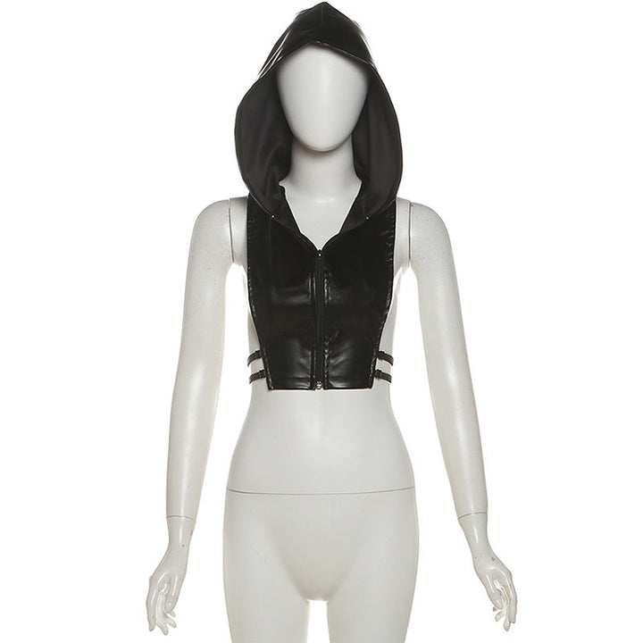 Hoodie zip-up PU leather hollow out cut out top  | Festival Outfits Women-final-sale