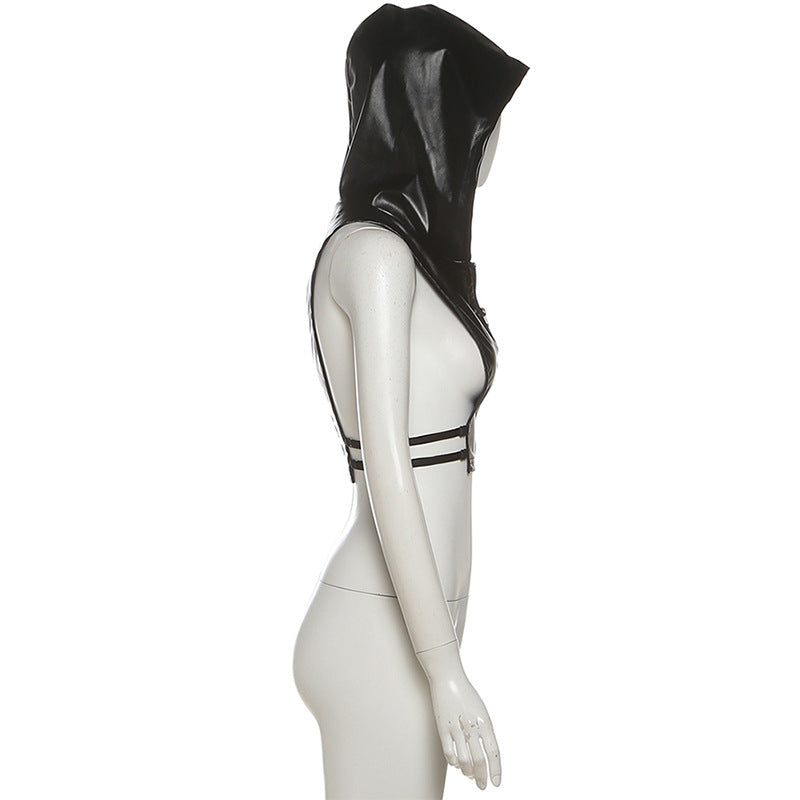 Hoodie zip-up PU leather hollow out cut out top  | Festival Outfits Women-final-sale