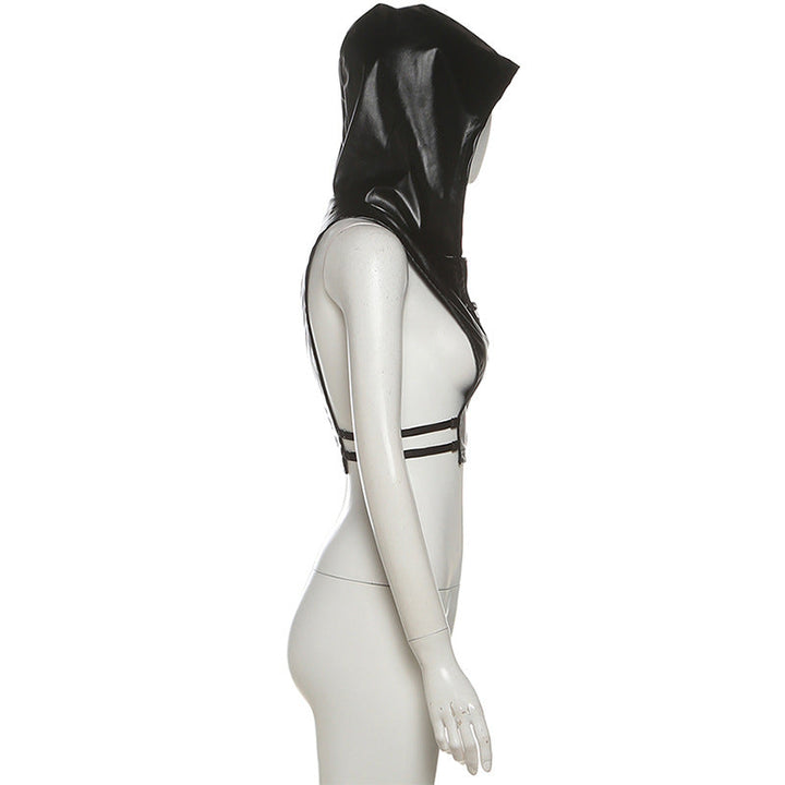 Hoodie zip-up PU leather hollow out cut out top  | Festival Outfits Women-final-sale