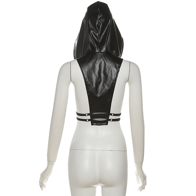 Hoodie zip-up PU leather hollow out cut out top  | Festival Outfits Women-final-sale