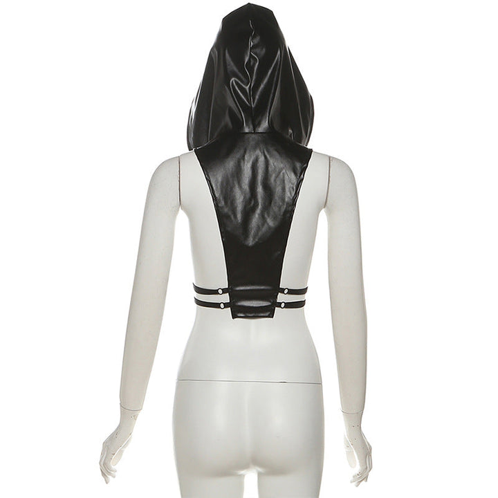 Hoodie zip-up PU leather hollow out cut out top  | Festival Outfits Women-final-sale