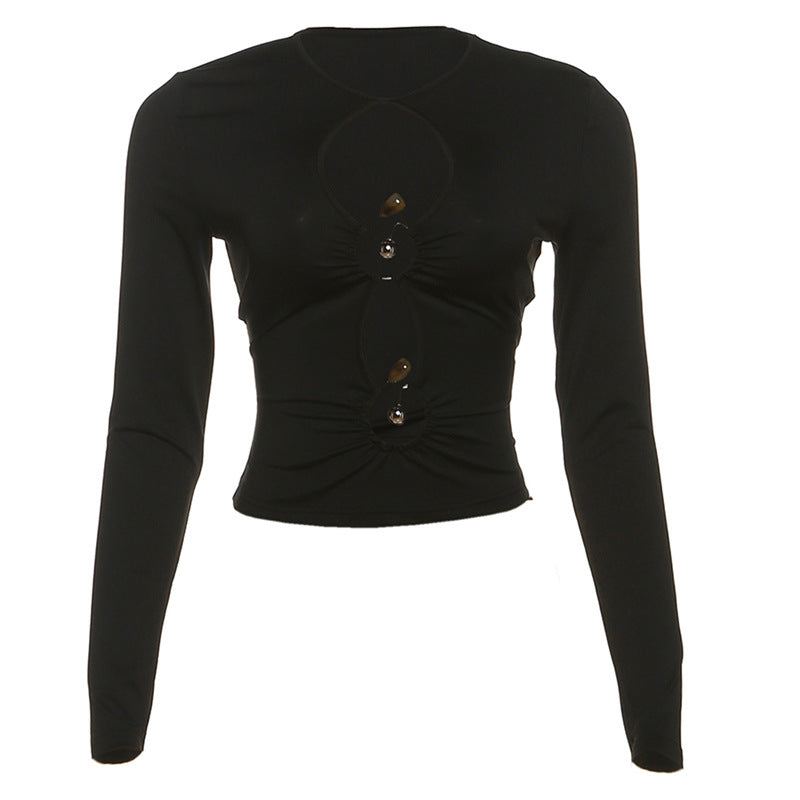 Long sleeve hollow out ruched crewneck cut out top  | Festival Outfits Women-final-sale