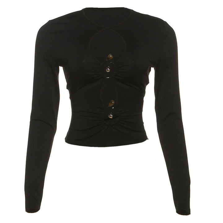Long sleeve hollow out ruched crewneck cut out top  | Festival Outfits Women-final-sale