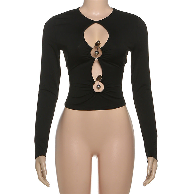 Long sleeve hollow out ruched crewneck cut out top  | Festival Outfits Women-final-sale