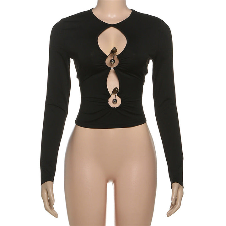 Long sleeve hollow out ruched crewneck cut out top  | Festival Outfits Women-final-sale
