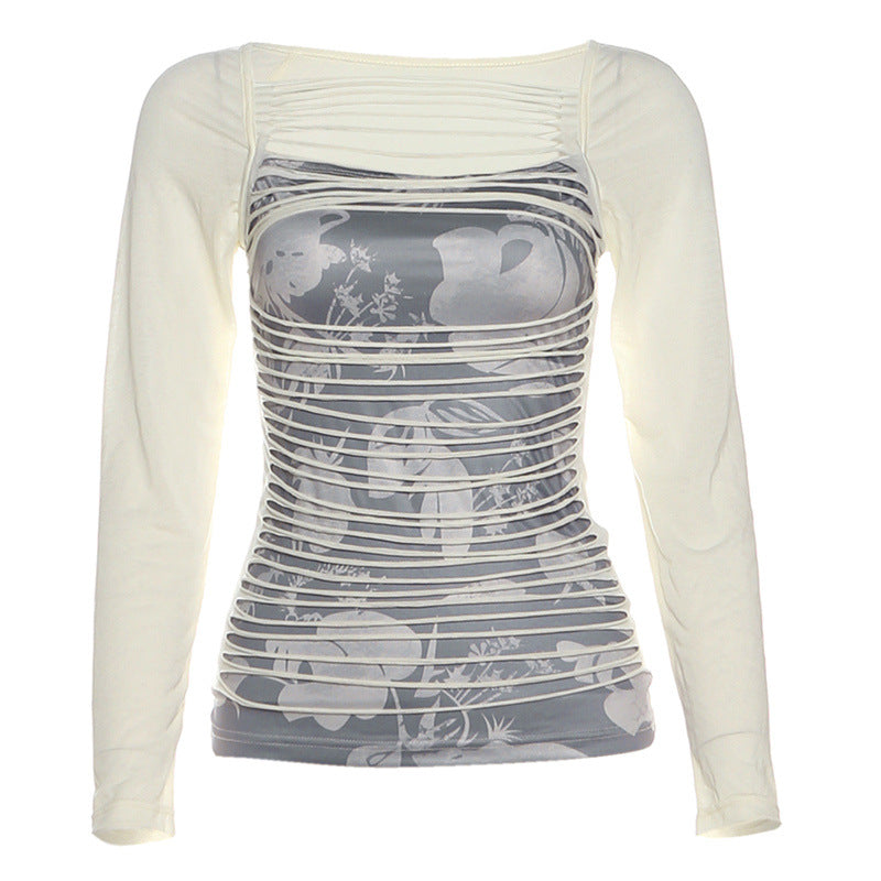 Long sleeve print hollow out contrast cut out top  | Festival Outfits Women
