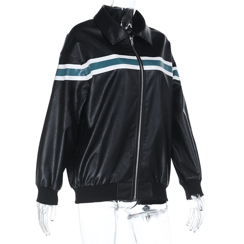 Zip-up long sleeve turnover collar PU leather top  | Festival Outfits Women