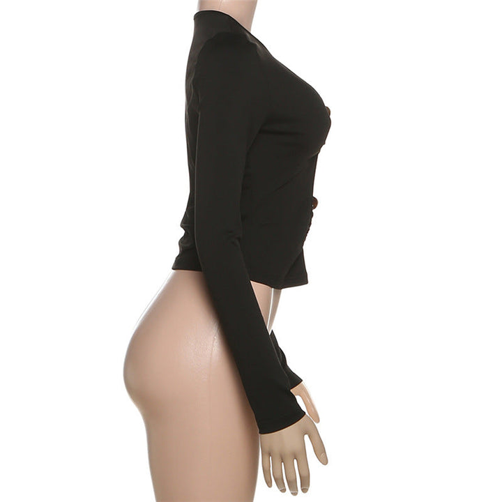 Long sleeve hollow out ruched crewneck cut out top  | Festival Outfits Women-final-sale