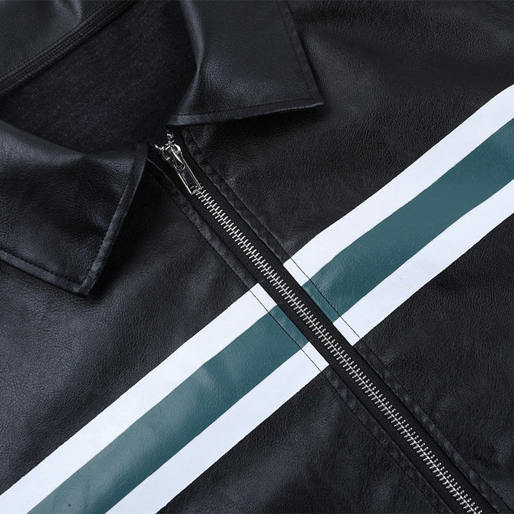 Zip-up long sleeve turnover collar PU leather top  | Festival Outfits Women