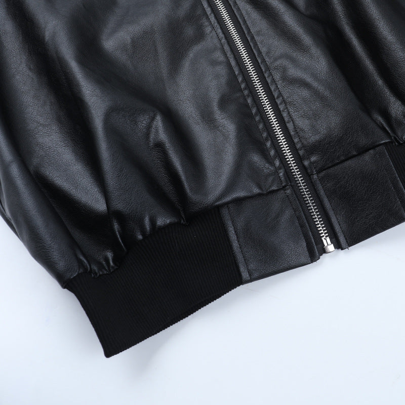 Zip-up long sleeve turnover collar PU leather top  | Festival Outfits Women