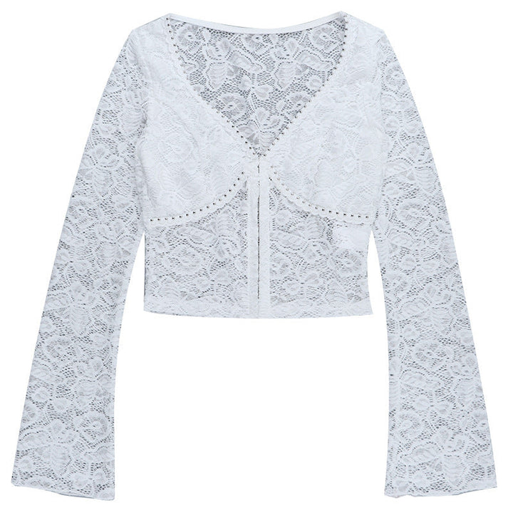 V neck button long sleeve lace top  | Festival Outfits Women