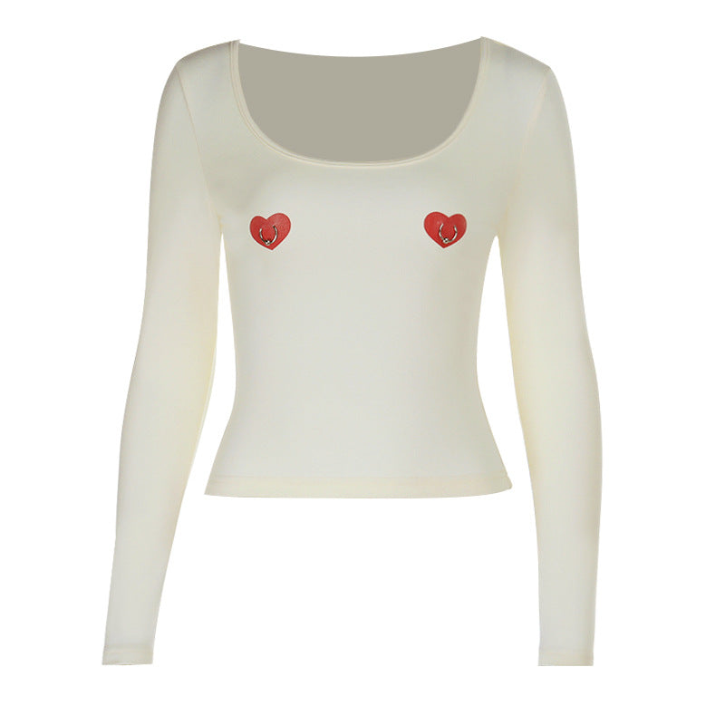 U neck long sleeve sweetheart print o ring top  | Festival Outfits Women