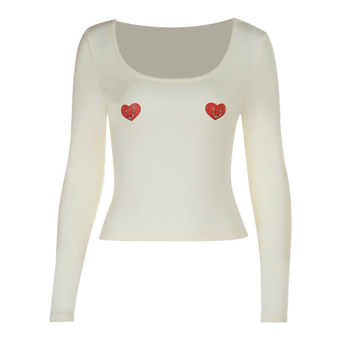 U neck long sleeve sweetheart print o ring top  | Festival Outfits Women