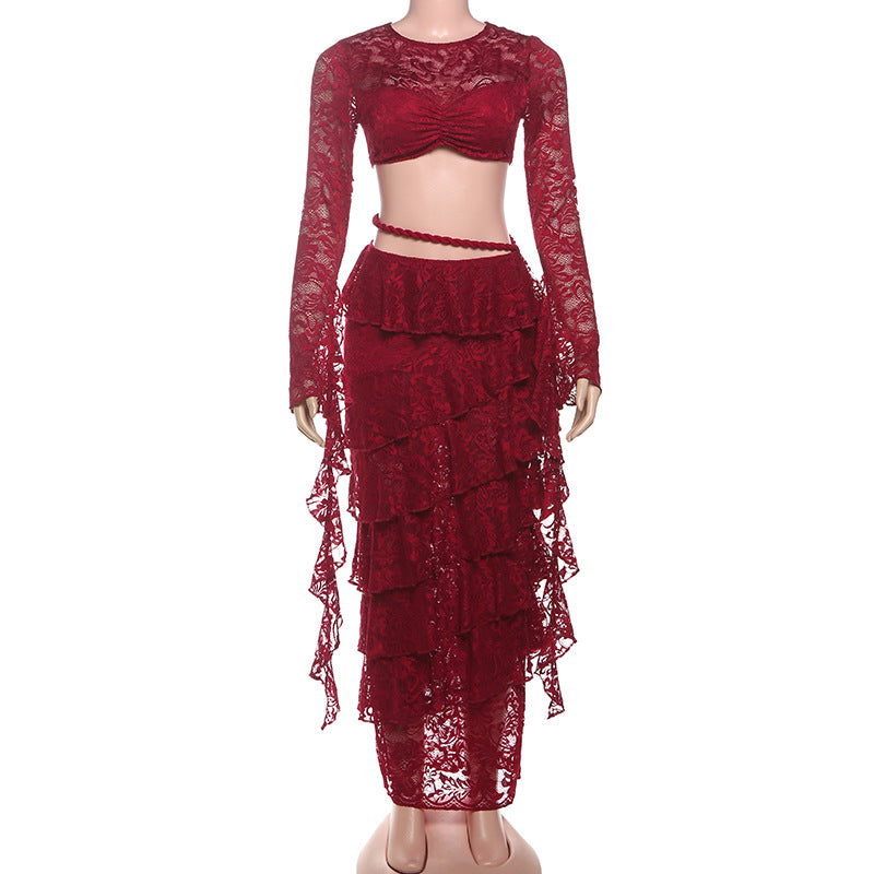 Long sleeve lace crewneck hollow out maxi skirt set  | Festival Outfits Women